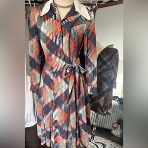 Vintage 1970’s Plaid Wrap-Style Long Sleeve Dress in Red, Black & Tan